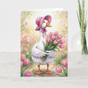 Carte Mère l'Oie avec des tulipes roses