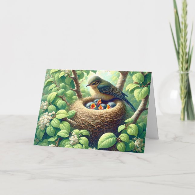 Carte Mère Oiseau avec des jeunes dans le nid (Devant)