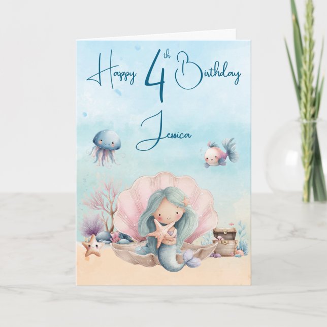 Carte Mermaid 4th Birthday Folded Greeting Card (Devant)