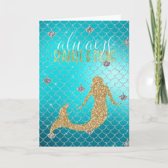 Carte Mermaid Aqua Gold Parties scintillant étincelle en (Devant)