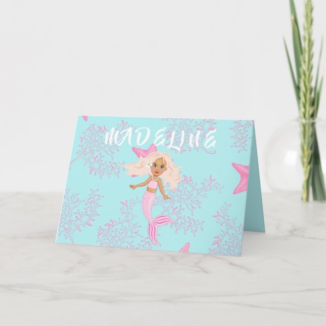 Carte Mermaid Bleu Rose Cute Sous La Mer Anniversaire (Devant)