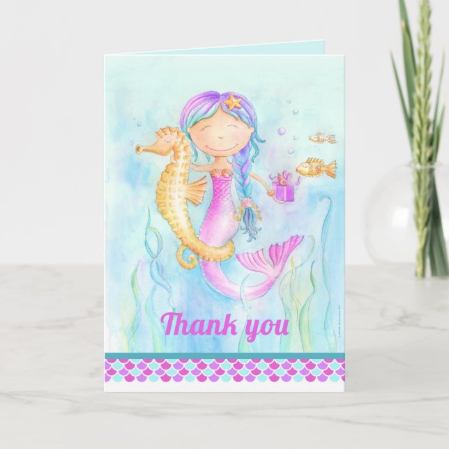 Carte Mermaid et seahorse whimsy aquarelle merci (Devant)