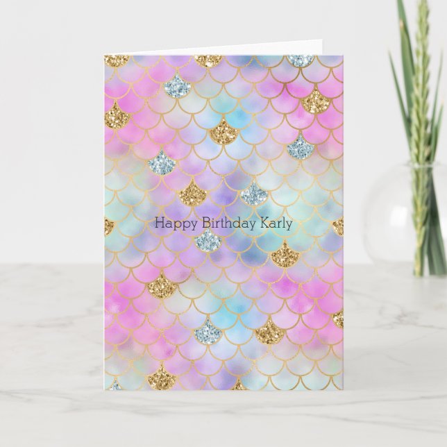Carte Mermaid Parties scintillant d'or rose violet     (Devant)