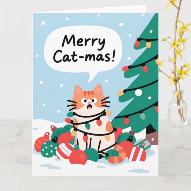 Carte Merry Cat-Mas Cute Funny Cat Christmas (Fleur jaune)