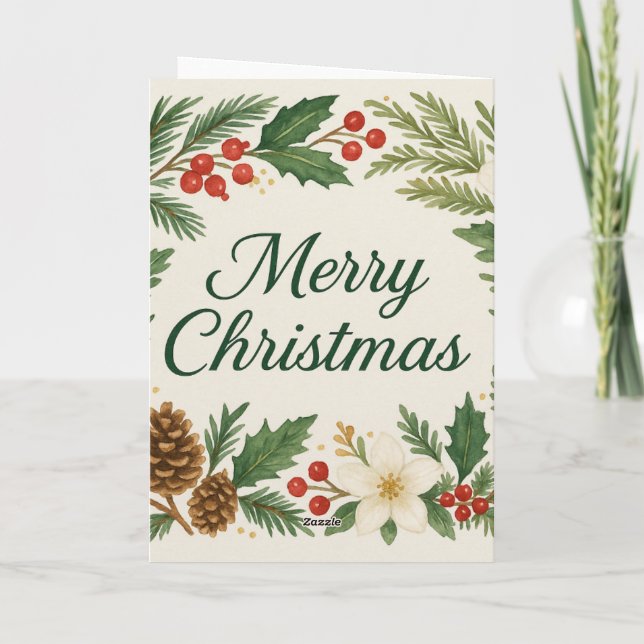 Carte Merry Christmas Card Winter Florals Pine Branches  (Dos)
