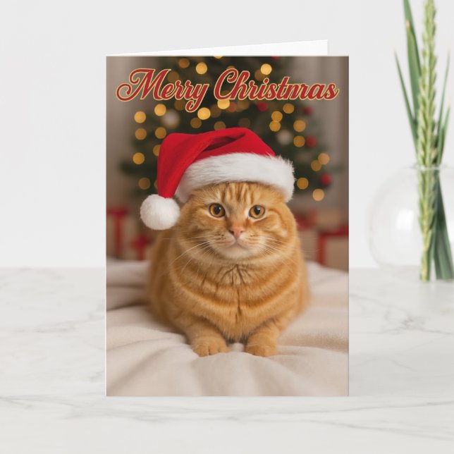 Carte Merry Christmas – Ginger Cat by the Tree   (Devant)