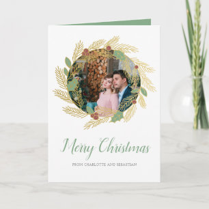 Carte Merry Christmas Gold Green Holly Berry Wreath