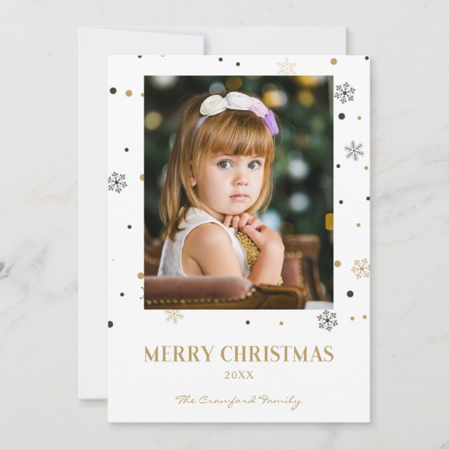 Carte Merry Christmas Golden Snowflakes Family Photo (Devant)