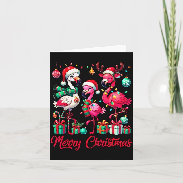 Carte Merry Christmas Lights Flamingo Santa Hat Snow Xma (Devant)
