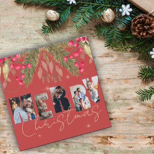 Carte Merry Christmas Multi Photo Red Gold  Holiday Card
