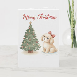 Carte Merry Christmas Puppy Card Fluffy Dog with Tree