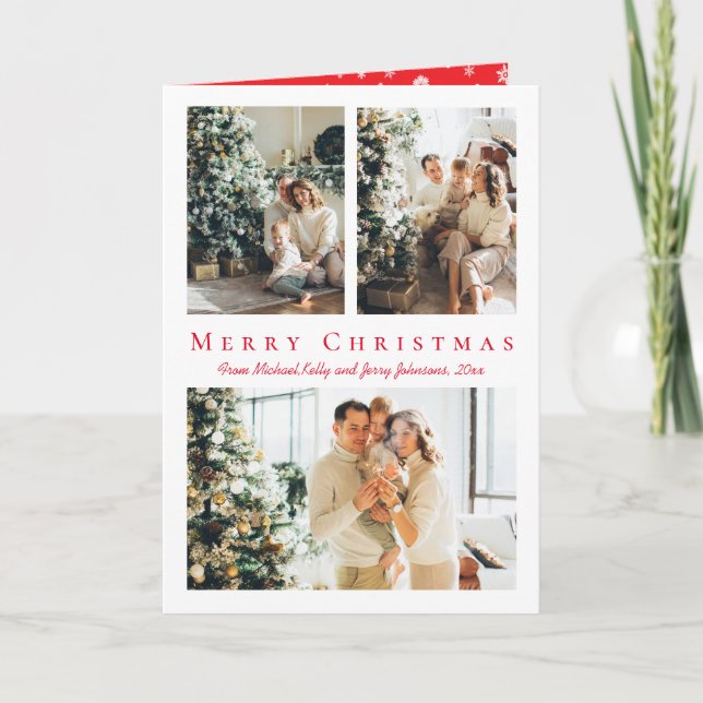 Carte merry christmas red script 3 photos holiday (Devant)