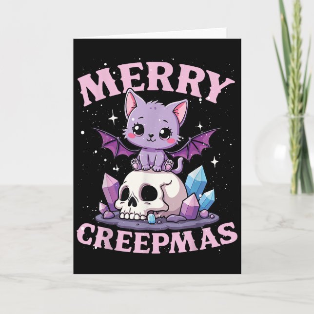 Carte Merry Creepmas Cat Pastel Goth Christmas Skull For (Devant)