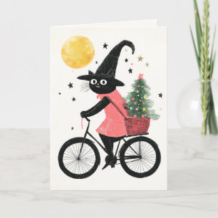 Carte Merry Witchmas Cyclisme Chat noir Quirky Noël