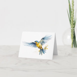 Carte Merveilleux Oiseau bleu et jaune volant BLANC