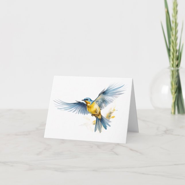 Carte Merveilleux Oiseau bleu et jaune volant BLANC (Devant)