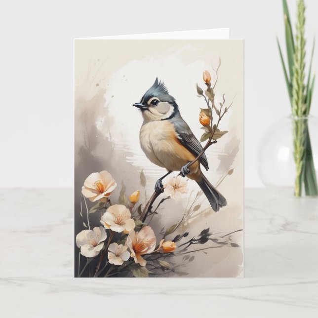 Carte Mésange à tête noire se reposant sur des fleurs de (Devant)