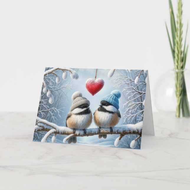 Carte Mésanges de Noël avec cœur rouge (Devant)
