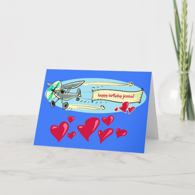 Carte message d'anniversaire avec dessin animé de l'avio (Devant)