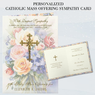 Carte Messe de sympathie catholique Offrande Crucifix Fl