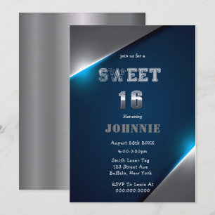 Carte Metallic Blue et Silver Sweet 16 fête d'anniversai