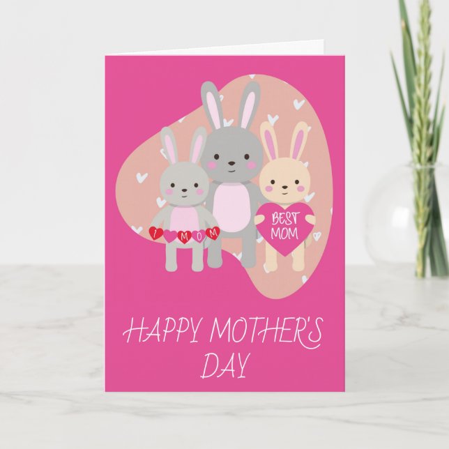 Carte Mete Meilleure Maman Lapin Lapin Coeurs roses Fête (Devant)