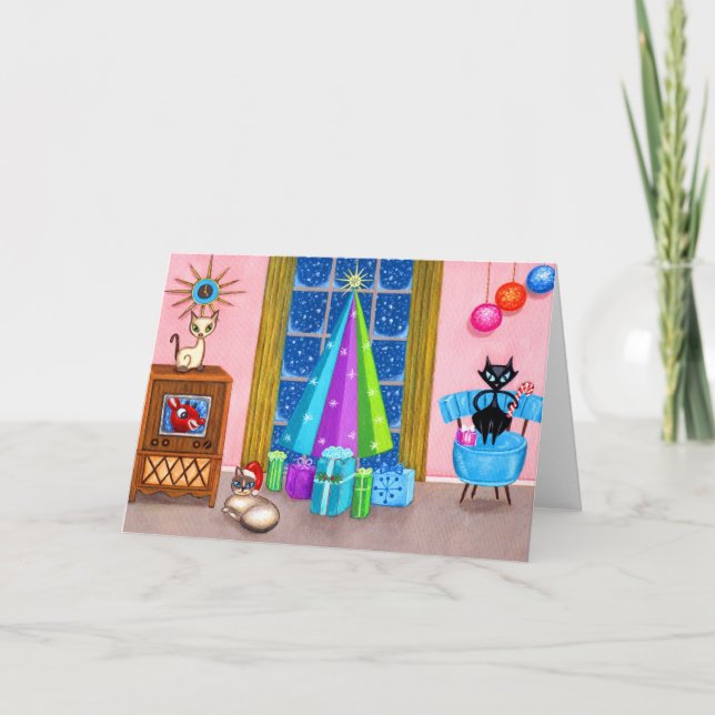 Carte Mi-siècle moderne Noël de l'âge atomique chats TV (Devant)