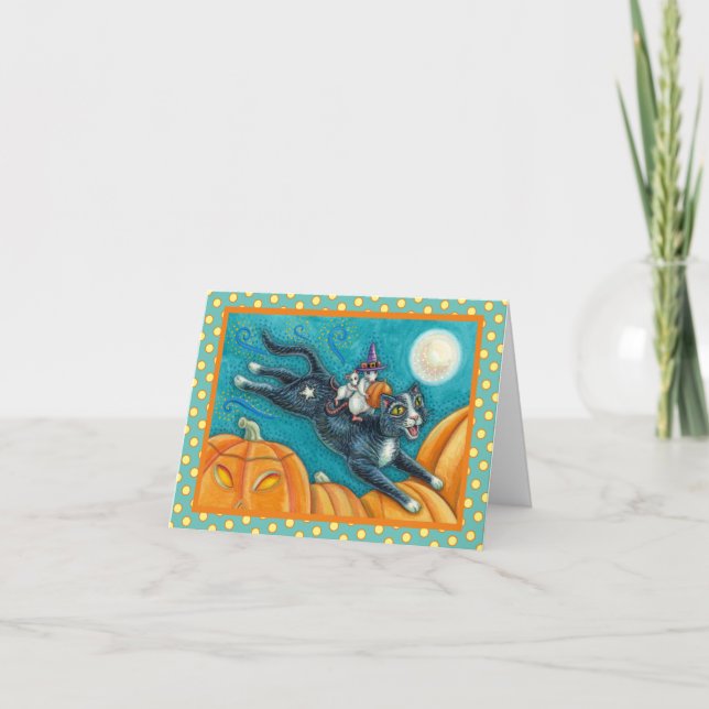 CARTE MICE BLANCHE & CHAT NOIR SUR CHASSE HALLOWEEN SCAV (Devant)