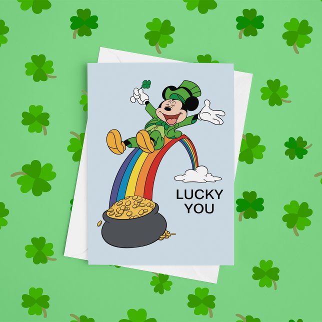 Carte Mickey Mouse | Saint-Patrick - Pot d'or (Card on clover background)