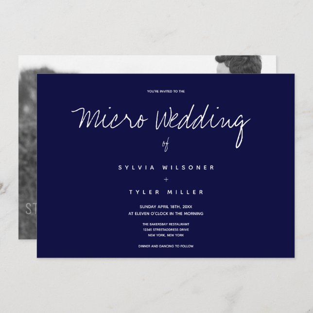 Carte Micro Mariage photo bleu foncé Mariage horizontal (Devant / Derrière)