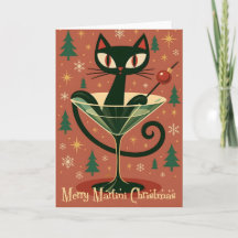 Mid Century Black Cat Merry Martini Christmas