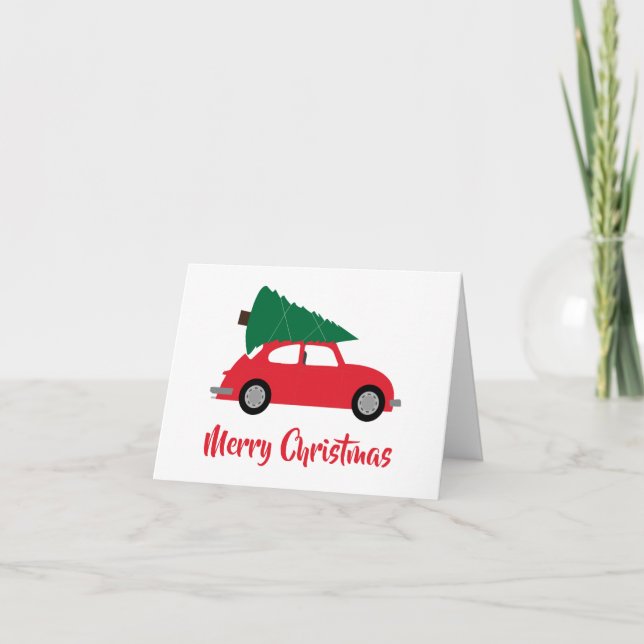 Carte Mid Century Moderne Arbre de Noël & Voiture Rouge (Devant)