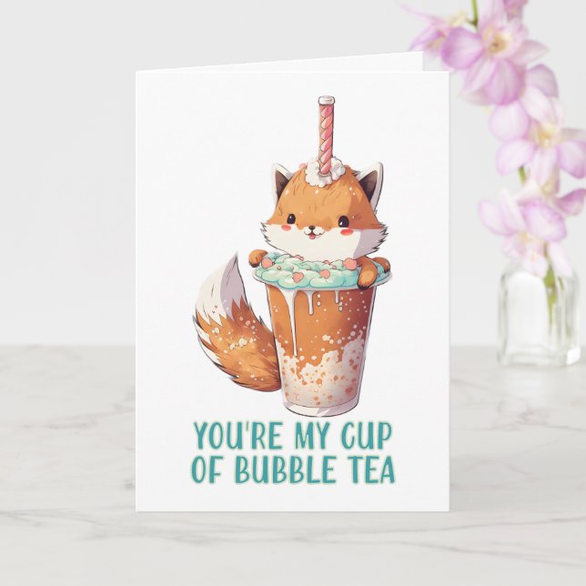 Carte Mignon bébé renard Kawai tu es ma tasse de bubble  (Orchidée)