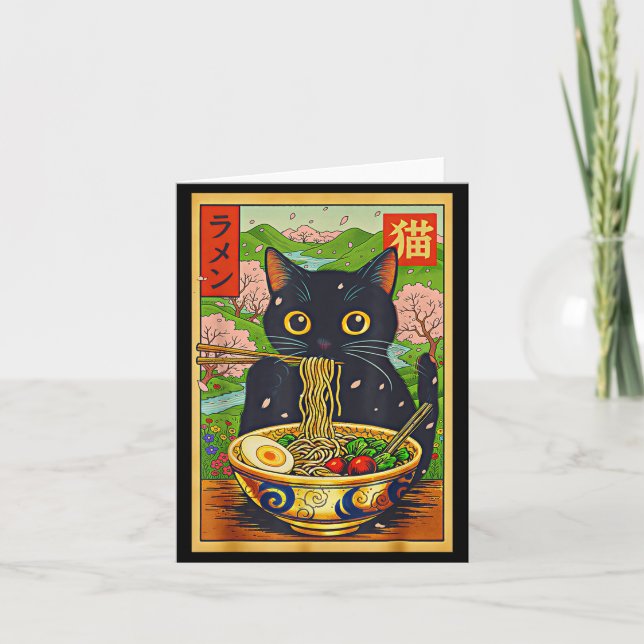 Carte Mignon Chat Ramen Nature Fleurs Nouille Anime  (Devant)