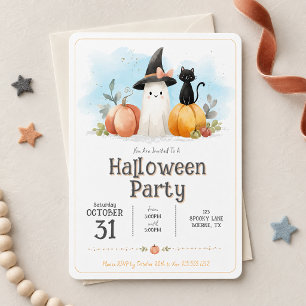 Carte Mignon fantôme à l'aquarelle Chat noir Citrouille