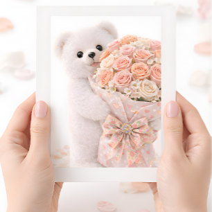 Carte Mignon ours en peluche tenant un bouquet de roses 
