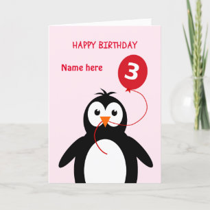 Carte mignon pingouin 3ème anniversaire ajouter nom rose