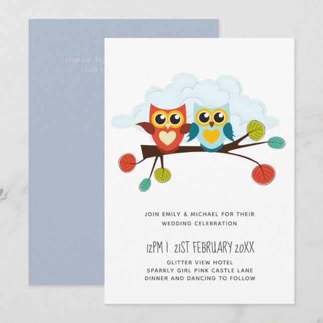 Carte Mignonette OWLS Mariage à thème Bleu orange (Devant / Derrière)