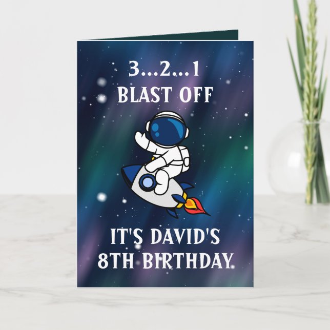 Carte Mignonne astronaute étoile noire et verte 8e anniv (Devant)