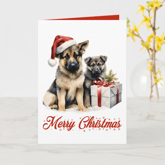 Carte Mignonne berger allemand Chien chiot Joyeux Noël (Fleur jaune)