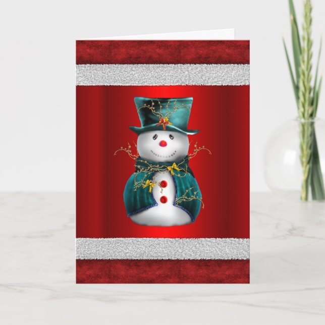 Carte Mignonne bonhomme de neige vert à Noël rouge (Devant)