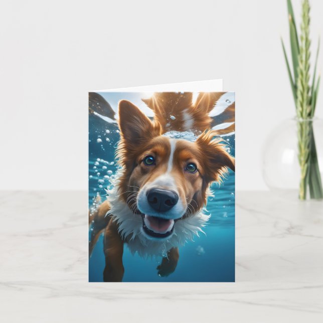 Carte Mignonne Chien Brown et blanc Nage sous-marin Blan (Devant)