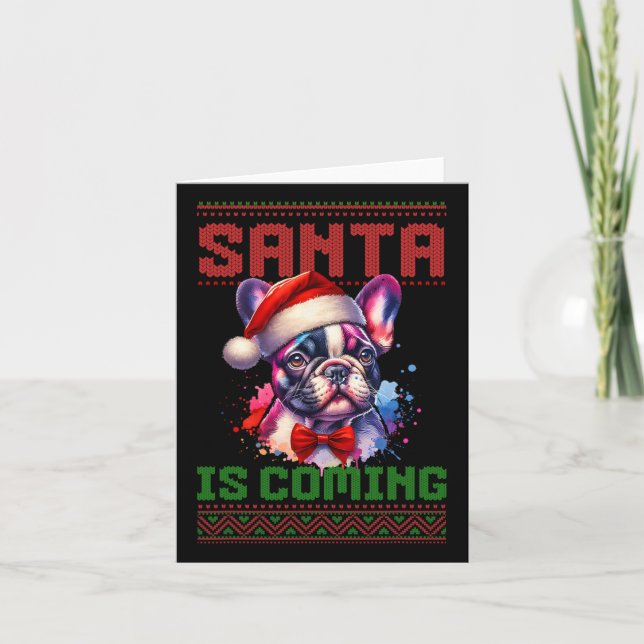 Carte Mignonne Chien de taureau Français Santa Hat Vacan (Devant)