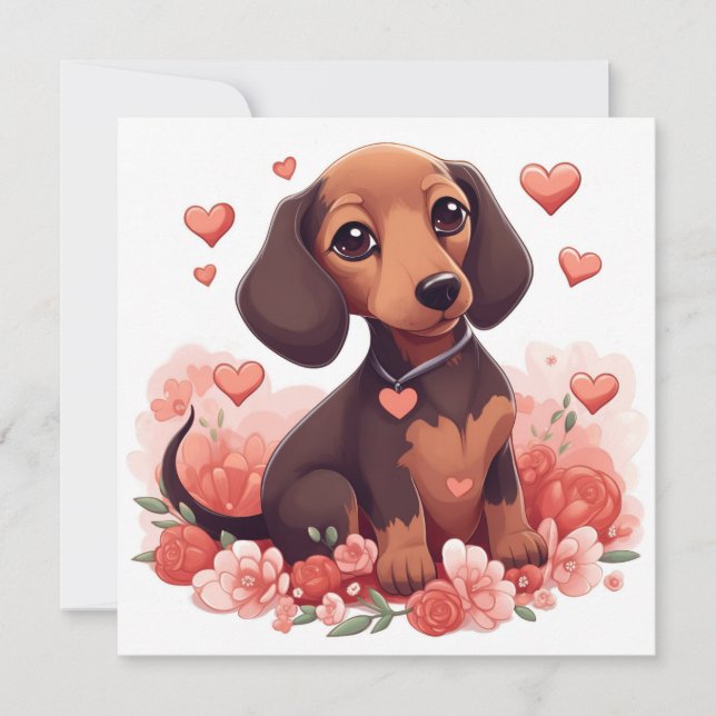 Carte Mignonne chiot Dachshund avec le coeur (Devant)