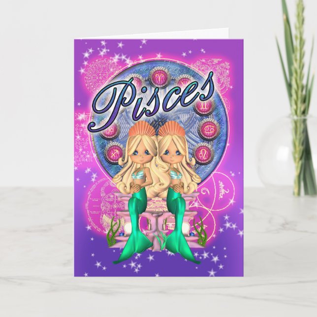 Carte mignonne de zodiaque de Poissons avec deux (Devant)