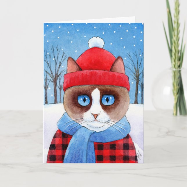 Carte mignonne d'hiver de Noël de chat de bûcheron (Devant)