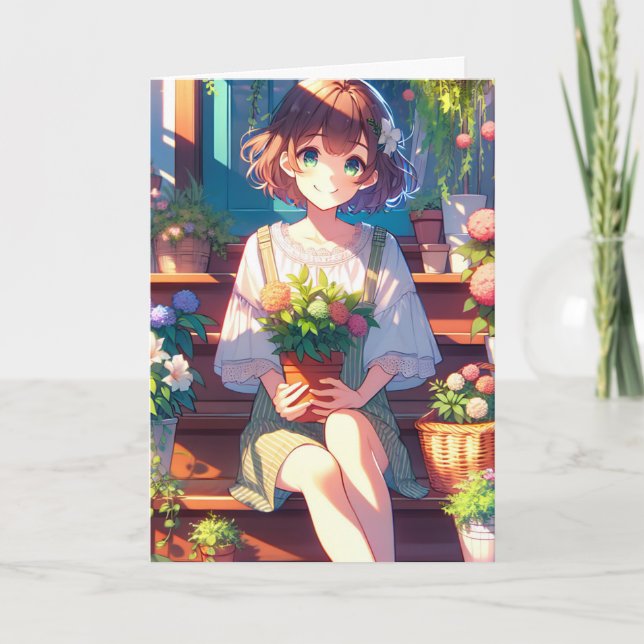Carte Mignonne fille Anime tenant un Plante pensant à to (Devant)