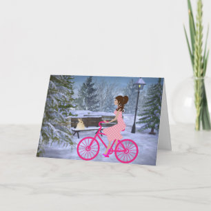 Carte Mignonne Fille Sur Un Vélo Rose Hiver