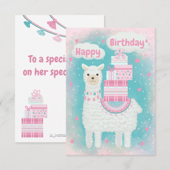 Carte Mignonne lama rose et turquoise avec cadeaux (Devant / Derrière)