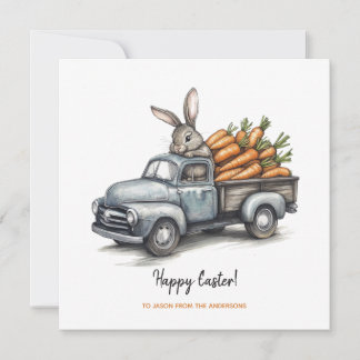 Carte Mignonne lapin de Pâques en camion vintage rustiqu